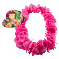 Hawaii thema party verkleedset - Hoedje Tropical print - bloemenkrans neon roze- Tropical toppers