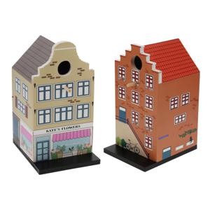 Vogelhuisjes - set 2x - grachtenpand design - hout - beige/bruin - 15 x 12 x 23 cm- nestkastje