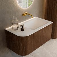 Badmeubel Mondiaz Kurve | 85 cm | Meubelkleur Walnut | Wastafelkleur Talc | Rechts spoelbak | Zonder kraangaten Badmeubel Mondiaz Kurve | 85 cm | Meubelkleur Walnut | Wastafelkleur Talc | Rechts spoelbak | Zonder kraangaten