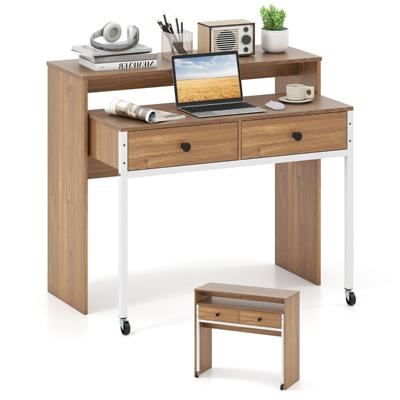Uittrekbare Bureau Kleine Computertafel met 2 Lades en Wielen 100 x 63 x 88 cm Natuur