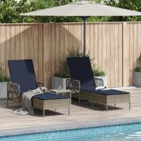 Ligstoel met kussen 3 pcs Grijs en Marineblauw poly rattan