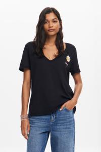 V-hals T-shirt met bloemendessin - BLACK - M