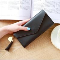 Lange portefeuille vrouwen portemonnees kwast mode Coin Purse kaarthouder portefeuilles vrouwelijke koppeling PU lederen portemonnee (zwart)