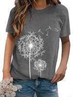 Dandelion Print Cotton-Blend Short Sleeve Casual T-Shirt