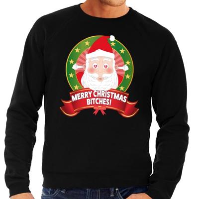 Foute kersttrui - sweater - zwart - Kerstman met hartjes ogen - Merry Christmas Bitches - heren