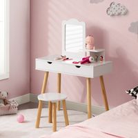 Kaptafelset voor Kinderen 2-In-1 Kaptafel Bureau en Kruk met Afneembare Spiegel 2 Laden Kam Houten Make-Upcommode Wit