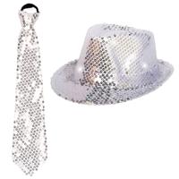 Carnaval verkleed set hoed met stropdas zilver glitters - thumbnail