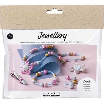 Creativ Company Mini hobbyset sieraden, halsketting, armband, clips, broche, blauw, lichtblauw, pastel roze, 1 doos