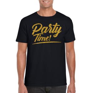 Bellatio Decorations Verkleed T-shirt voor heren - party time - zwart - goud glitter - carnaval 2XL  -