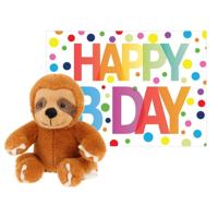 Pluche dieren knuffel luiaard 14 cm met Happy Birthday wenskaart