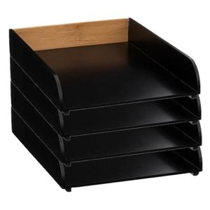 Kantoor postbakje/brievenbak - 4x - A4 formaat - stapelbaar - zwart - bamboe hout