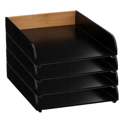 Kantoor postbakje/brievenbak - 4x - A4 formaat - stapelbaar - zwart - bamboe hout