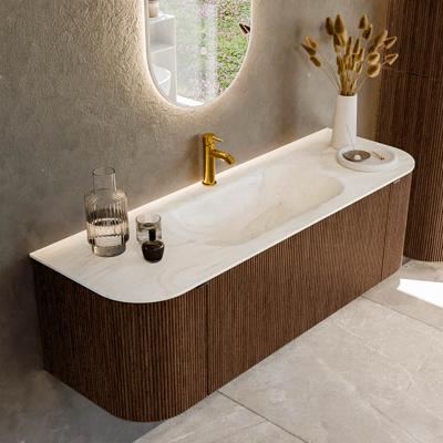 Badmeubel Mondiaz Kurve-Dlux | 140 cm | Meubelkleur Walnut | Wastafelkleur Ostra | Solid surface | Midden spoelbak | 1 kraangat
