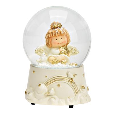 Muziekdoos, sneeuwbol met engel van poly, goud, wit (B/H/D) 10x14x10 cm