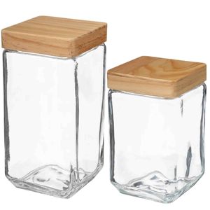 Keuken voorraadpotten glas met houten deksel - 2 formaten - 6x stuks