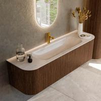 Badmeubel Mondiaz Kurve-Dlux | 160 cm | Meubelkleur Walnut | Wastafelkleur Meli | Solid surface | Wasbak midden spoelbak | 1 kraangat