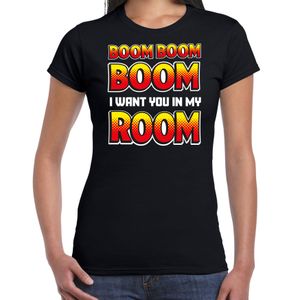 Foute party t-shirt voor dames - Boom boom boom i want you in my room - zwart - carnaval/themafeest