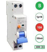 Aardlekautomaat 10A B Kar 100mA 2 polig 18mm breed Kema Keur 230V automaat en aardlek in een module
