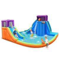 Opblaasbaar Waterpark Dubbele Waterglijbaan met 4 Sproeiers en 2 Waterpistolen en Plonsbad Springkussen Buiten met Klimwand