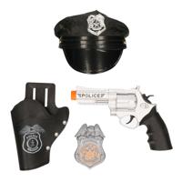 Carnaval verkleed politie agent pet/cap - zwart - met pistool/badge - kinderen - accessoires - thumbnail