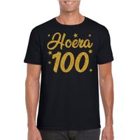 Hoera 100 jaar verjaardag cadeau t-shirt goud glitter op zwart heren - thumbnail