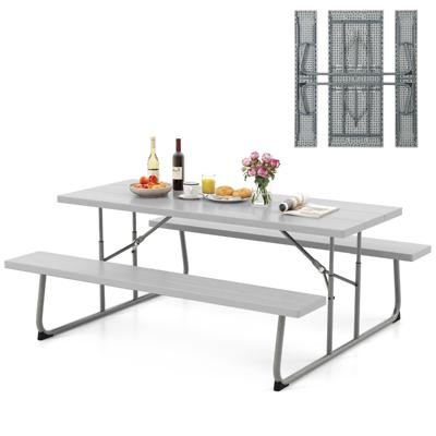 Opvouwbare Picknicktafel met 2 Banken Weerbestendig Hdpe-Tafelblad en Parasolgat Tuin en Zwembadfeest Grijs