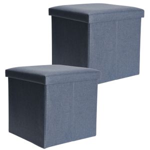 Poef/hocker/krukje - 2x - opbergbox - blauw - polyester - 38 x 38 cm - opvouwbaar