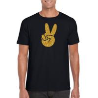 Flower Power t-shirt - zwart - gouden glitter peace hand - voor heren - Hippie - Sixties