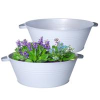 Plantenpot/bloempot teil Farmer - 2x - rond - zink - lichtgrijs - D40 X H14 cm