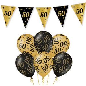 Leeftijd verjaardag feestartikelen pakket vlaggetjes/ballonnen 50 jaar zwart/goud