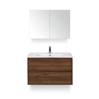 Porto Badmeubelset 90 cm - Walnoot - Keramische Wastafel Wit Slim - met Spiegelkast