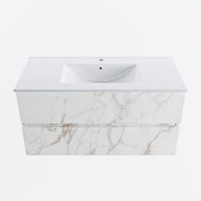 MONDIAZ VICA 100cm badmeubel onderkast Carrara 2 lades. Wastafel DENIA midden 1 kraangat, kleur Glanzend Wit.