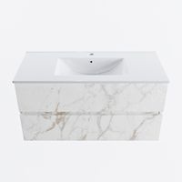 MONDIAZ VICA 100cm badmeubel onderkast Carrara 2 lades. Wastafel DENIA midden 1 kraangat, kleur Glanzend Wit.