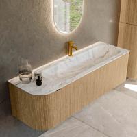 Badmeubel Mondiaz Kurve-Dlux | 145 cm | Meubelkleur Oak | Wastafelkleur Glace | Solid surface | Rechts spoelbak | 1 kraangat