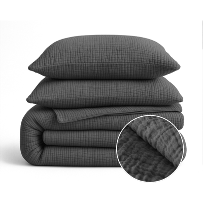 1+1 Gratis Wasbaar Lazy Dekbed Zonder Overtrek - Zonder Overtrek - Katoen Mousseline - Antraciet - Dekbed-Discounter.nl