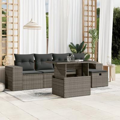 6-delige Loungeset met kussens poly rattan grijs