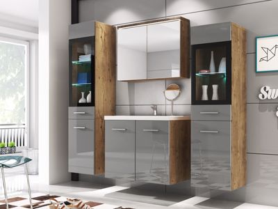 Complete badkamerset MADRID 8 deuren hoogglans grijs/natuurlijk kastanje