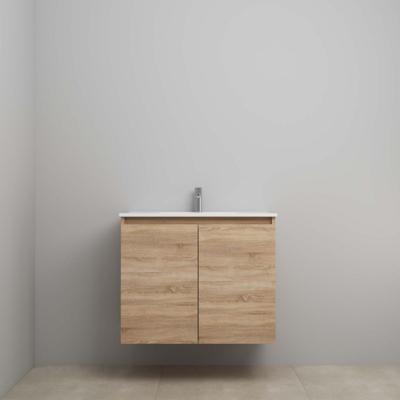 On-Line Onderkast - 80 cm - Bouwpakket - Greeploos 2 Deuren - Porseleinen Wastafel - 1 Kraangat - Eiken