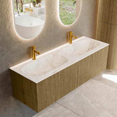Badmeubel Mondiaz Kurve-Dlux | 140 cm cm | Meubelkleur Dusk | Wastafelkleur Frappe | Solid surface | Wasbak beiden zijden spoelbak | 2 kraangaten