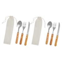 6x Inspirion Bestekset - RVS - 3-delig - houten handvat - in katoenen hoes