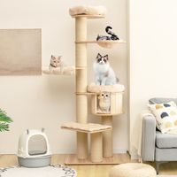 Groot Moderne Klimrek voor Katten Multi-Level Kattenboom met Hut Hangmat Mand Krabpalen Wasbare Matten Beige