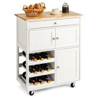 Keukentrolley met Rubberen Houten Blad Lade 3 Rijen Wijnrekken 2 Kasten Rollend Opslag Trolley Kar Wit 67 x 37 x 86 cm