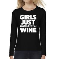 Girls just wanna have wine tekst t-shirt long sleeve zwart voor