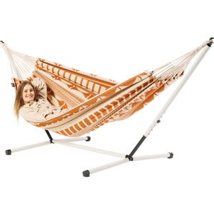 Tweepersoons hangmat met metalen standaard - 350x160cm - Oranje - 160kg draagkracht- 100% katoen - binnen & buiten