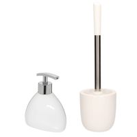 WC-/toiletborstel en houder dolomiet wit met zeeppompje 300 ml - Badkameraccessoireset - thumbnail