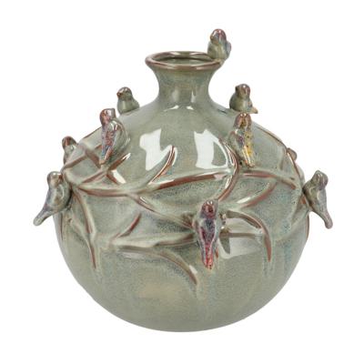 Vaas Spring birds - mosgroen - keramiek - D18 x H18 cm - bloemenvaas