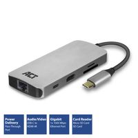 ACT AC7041 USB-C naar HDMI multiport adapter met ethernet, USB hub, cardreader en PD pass through - thumbnail