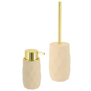 Toilet accessoire set - wc borstel en zeeppomp Diamond - beige - kunststof