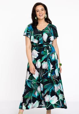 Yoek Jurk met V-hals TULIPS | Zwart | Maat 54/56