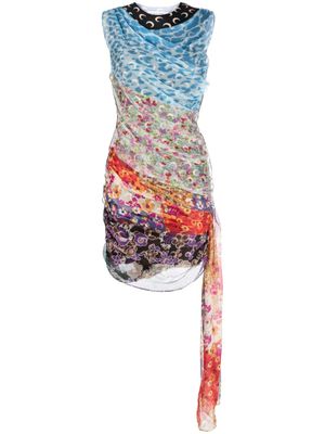 Marine Serre robe courte Regenerated Scarves en soie - Bleu